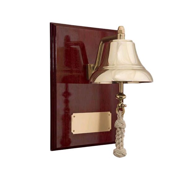 6-Inch Brass Bell Mounted on 9x12-Inch High Gloss Mahagony Plaque with brass plate