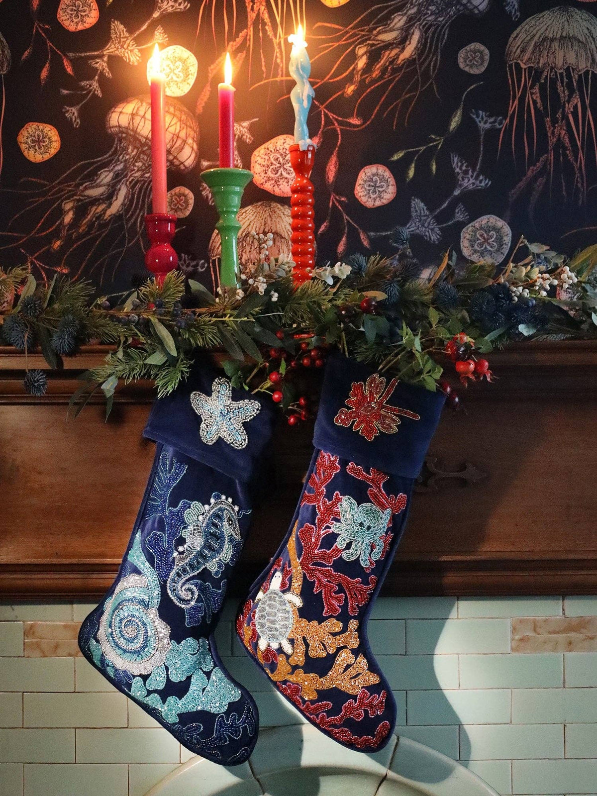 Beaded Blue Sea Creatures Stocking Decoration