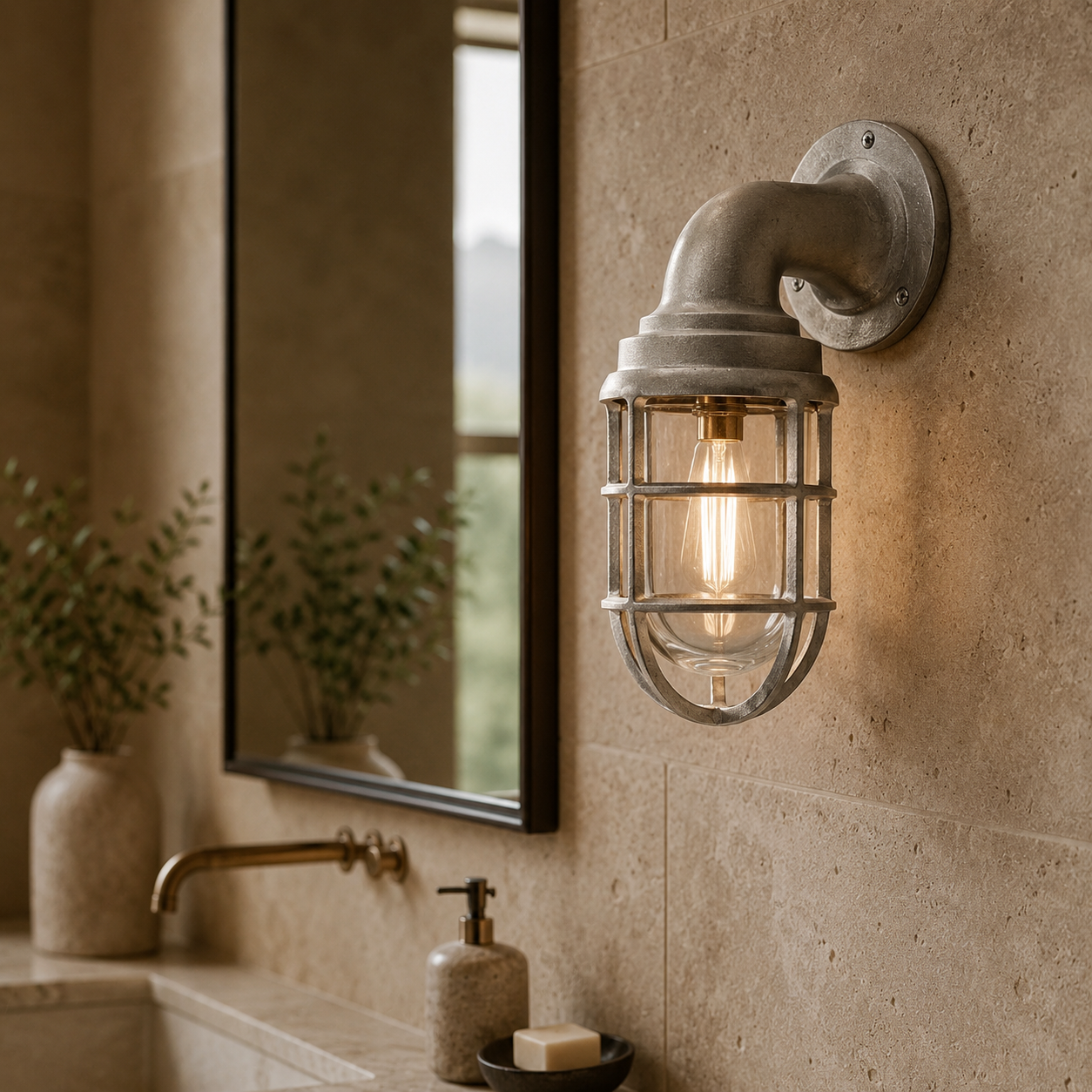 Beachamwell ~ Raw Cast Pewter Bulkhead Outdoor & Bathroom Sconce Wall Light ~ 10.5 Inch