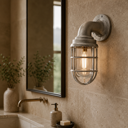 Beachamwell ~ Raw Cast Pewter Bulkhead Outdoor & Bathroom Sconce Wall Light ~ 10.5 Inch