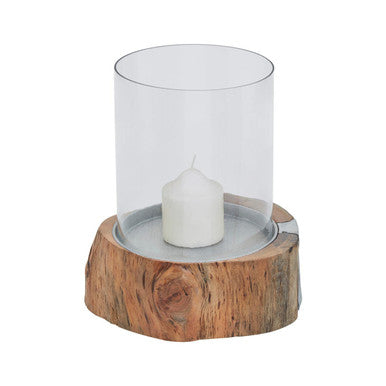 Almora Natural Acacia Wood Small Hurricane Candle Holder with Glass Insert