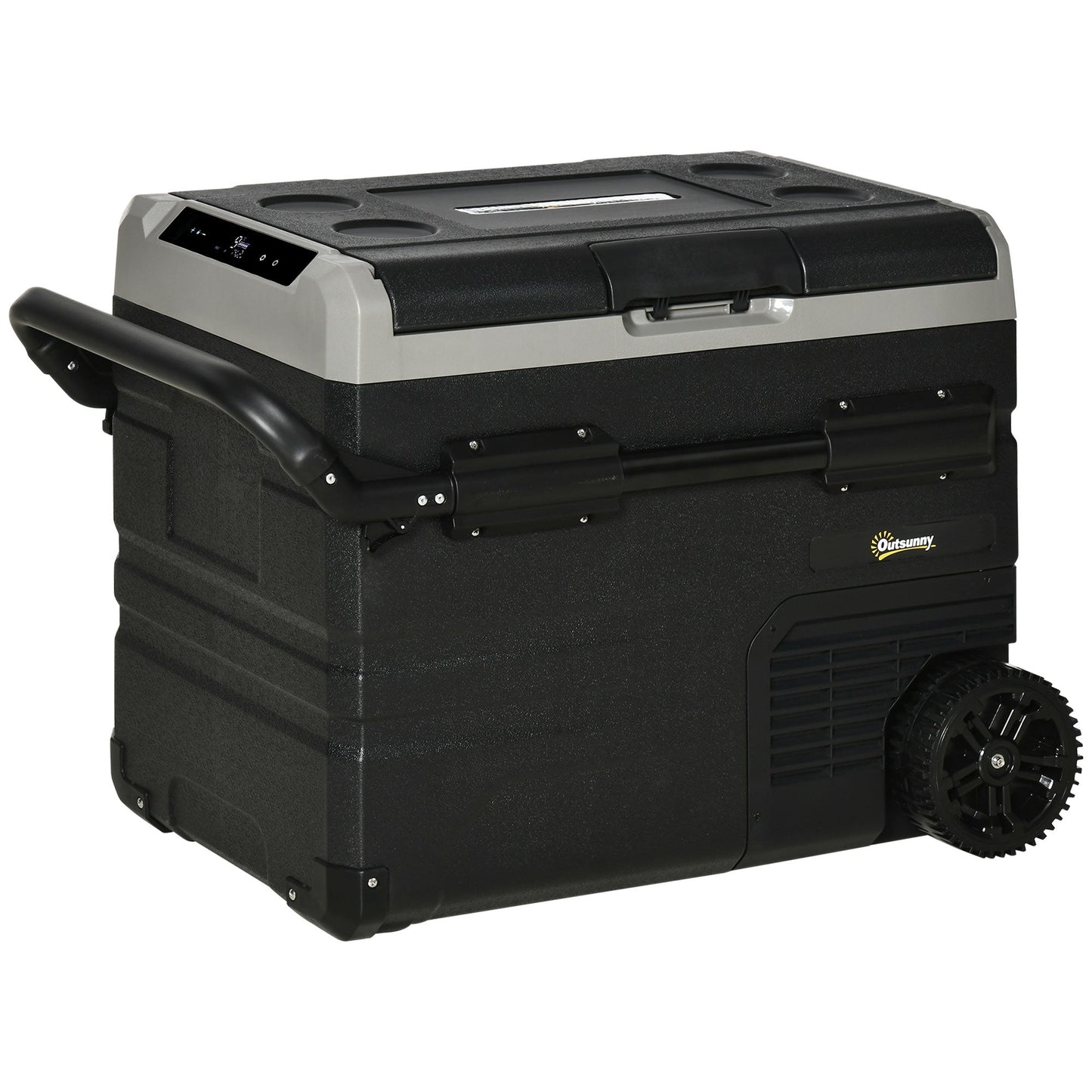 Outsunny 50L Car Refrigerator, Portable Compressor Cooler Box, Fridge Freezer w/ Inner LED Light, Foldable Handles, Cup Holders, 12/24V DC and 110-240V AC for Campervan RV Boat Travel Down to -20\'e2\'84\'83