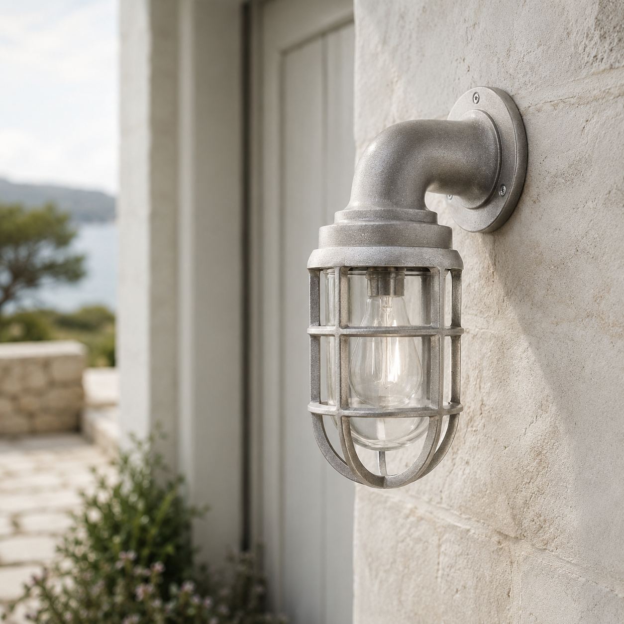 Beachamwell ~ Raw Cast Pewter Bulkhead Outdoor & Bathroom Sconce Wall Light ~ 10.5 Inch