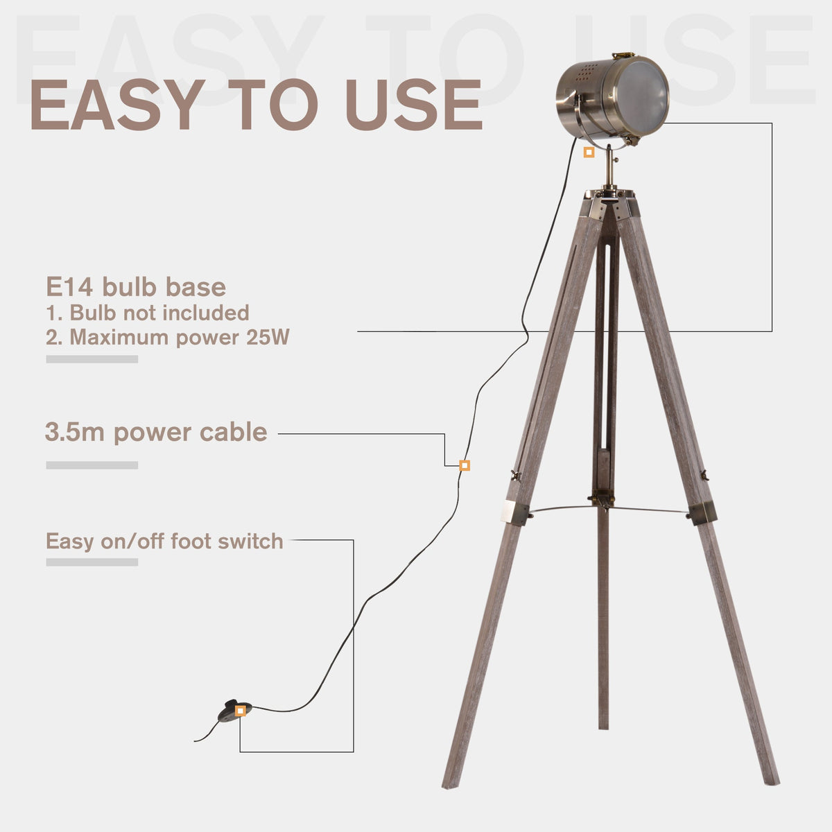 HOMCOM Industrial Tripod Floor Lamp, Nautical Searchlight with Adjustable Height, Wood Legs, E14 Lamp Base for Living Room, Bedroom, Grey and Bronze